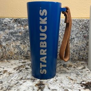 Starbucks 16 oz Metal Tumblr with leather handle. blue Tumblr Starbucks-No lid.